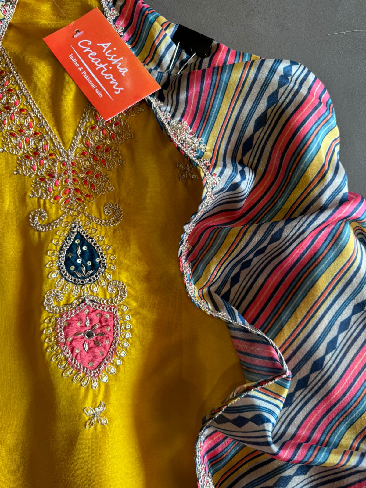 Soft silk Shirt (Unstitched & Full size) with Dori work on the neckline with mirror and thread detailings as well (V neckline)