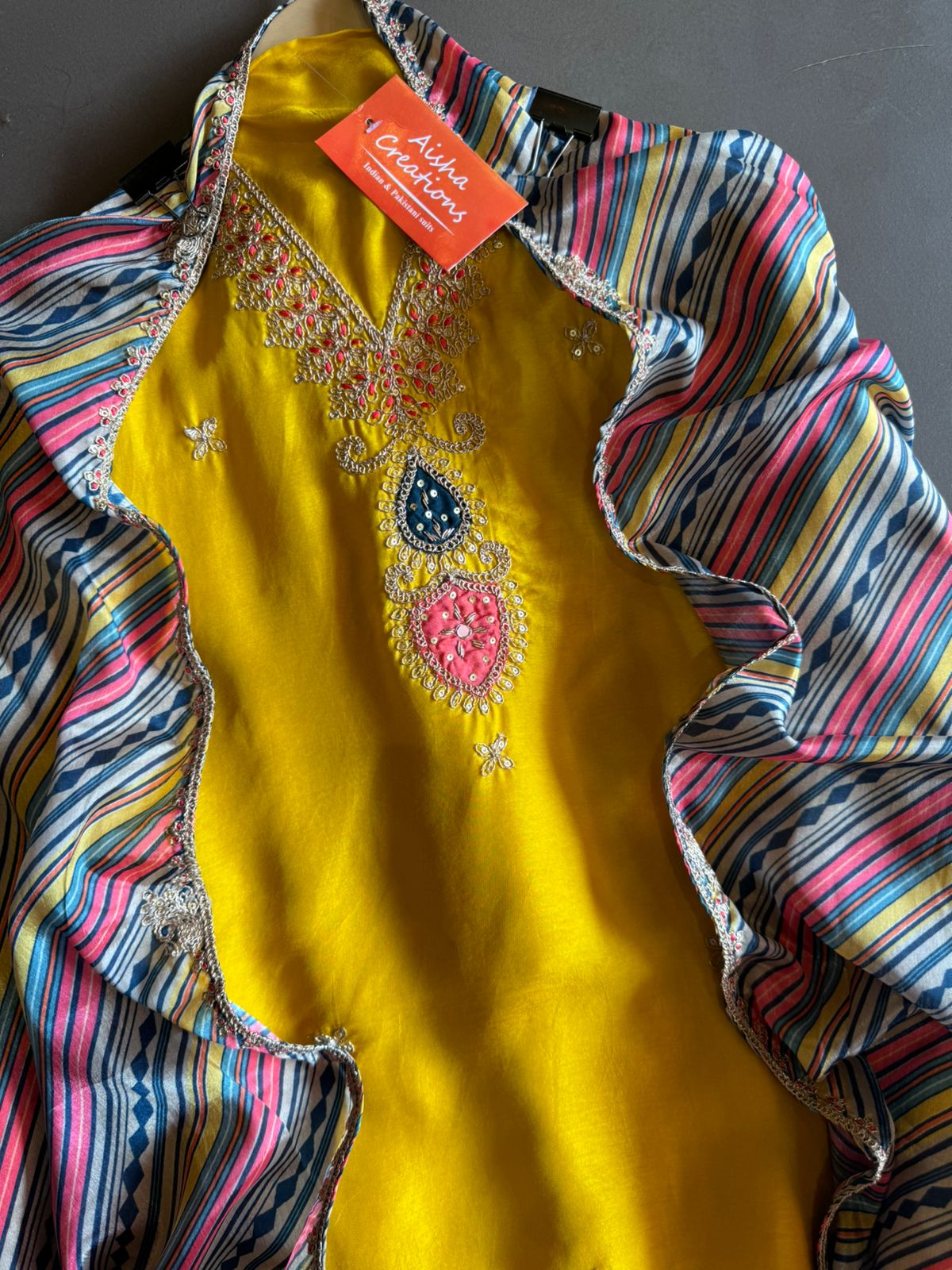 Soft silk Shirt (Unstitched & Full size) with Dori work on the neckline with mirror and thread detailings as well (V neckline)