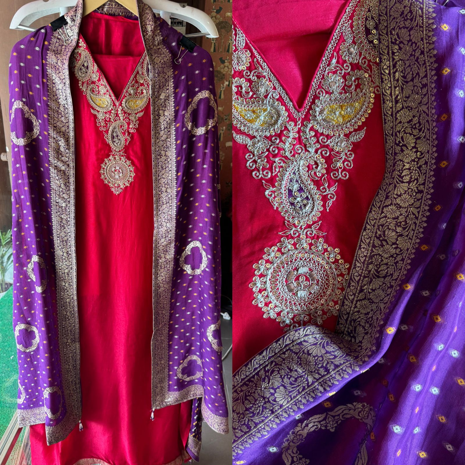 Pure Russian silk unstitched shirt with beautiful Dabka embroidery on the neckline (Like a necklace)