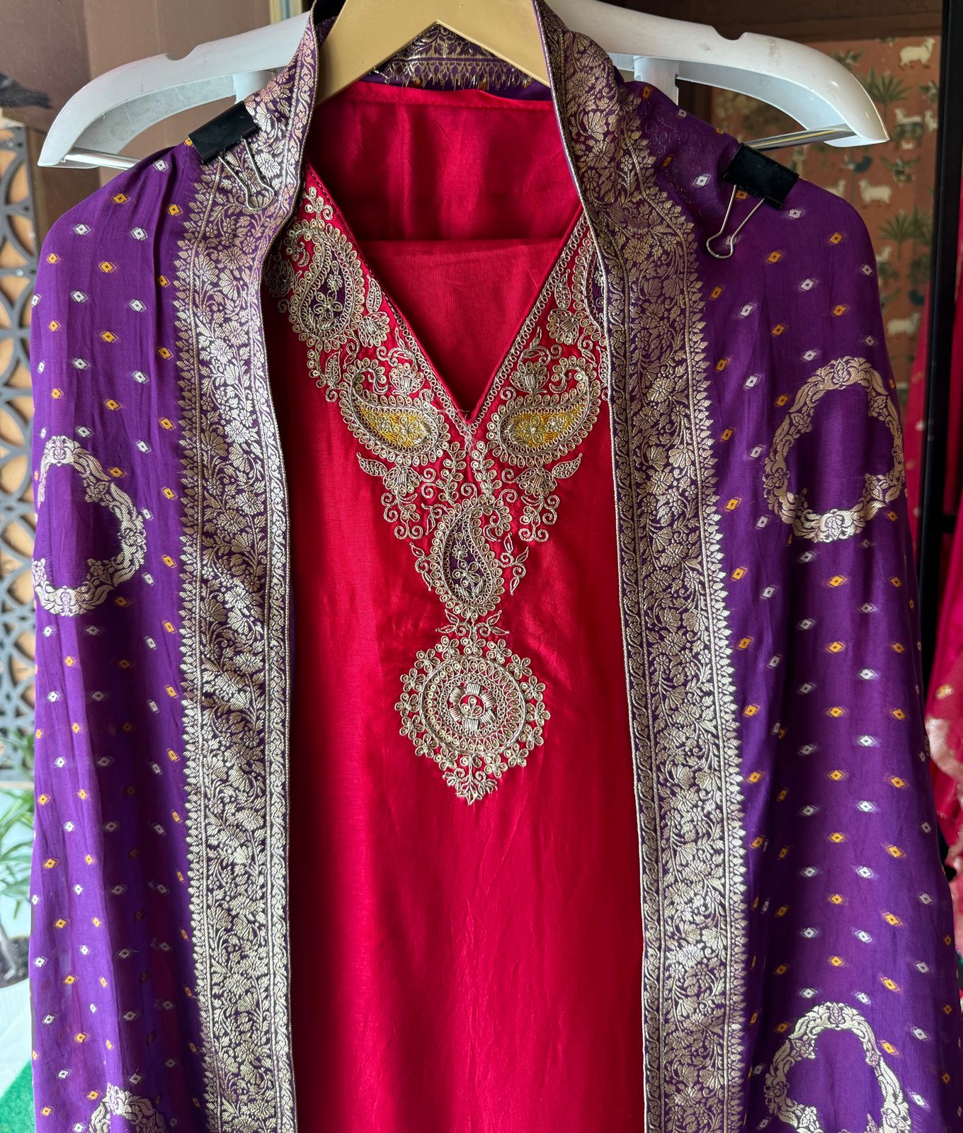 Pure Russian silk unstitched shirt with beautiful Dabka embroidery on the neckline (Like a necklace)