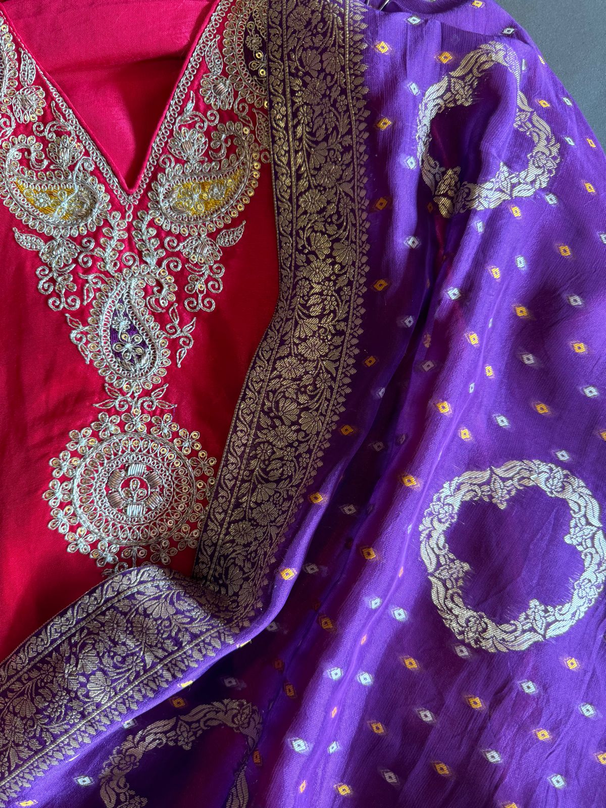 Pure Russian silk unstitched shirt with beautiful Dabka embroidery on the neckline (Like a necklace)