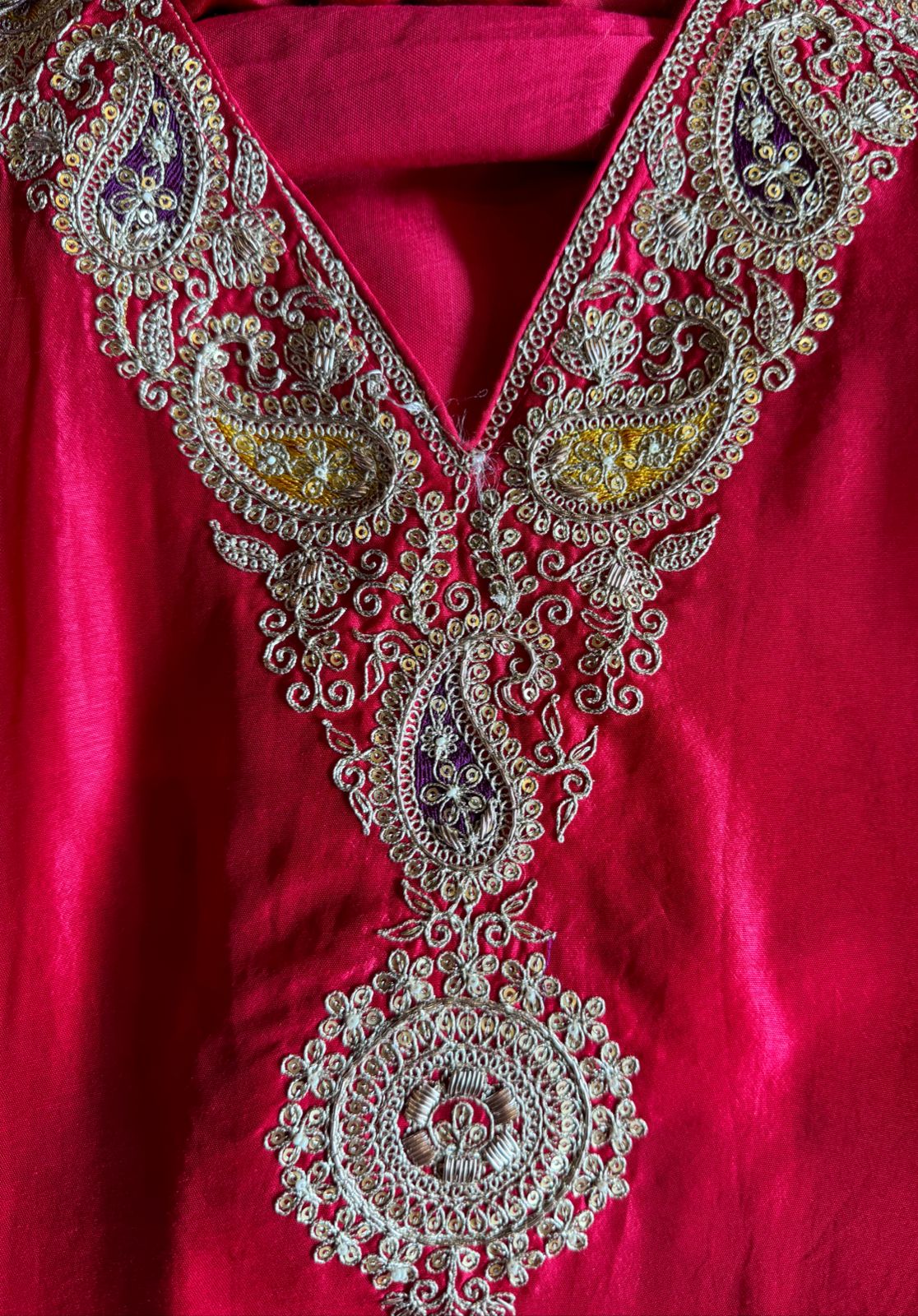 Pure Russian silk unstitched shirt with beautiful Dabka embroidery on the neckline (Like a necklace)