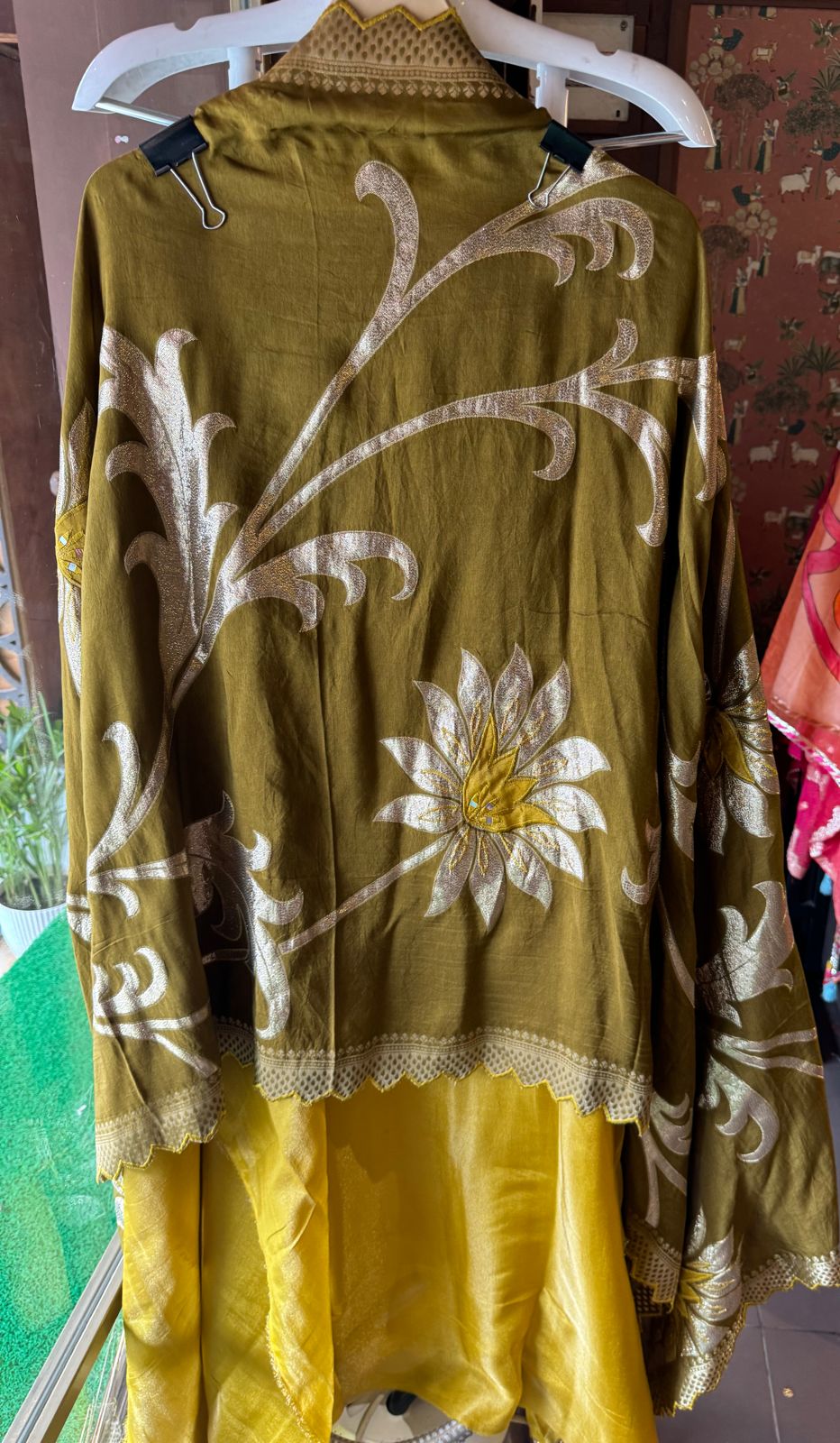 Pure Shimmer tissue Unstitched Shirt with Moti work on the neckline with thread and gotta patti detailings as well.