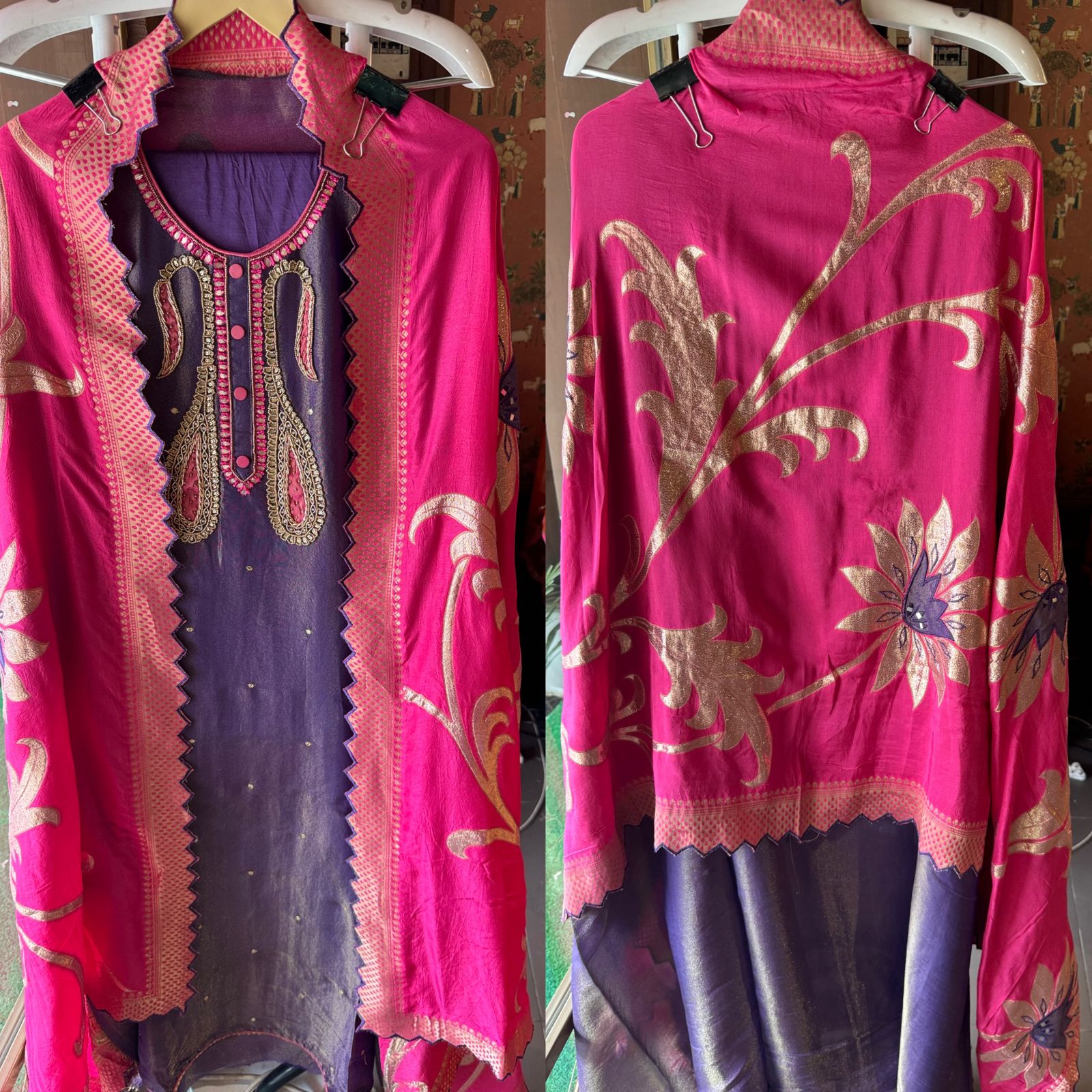 Pure Shimmer tissue Unstitched Shirt with Moti work on the neckline with thread and gotta patti detailings as well.