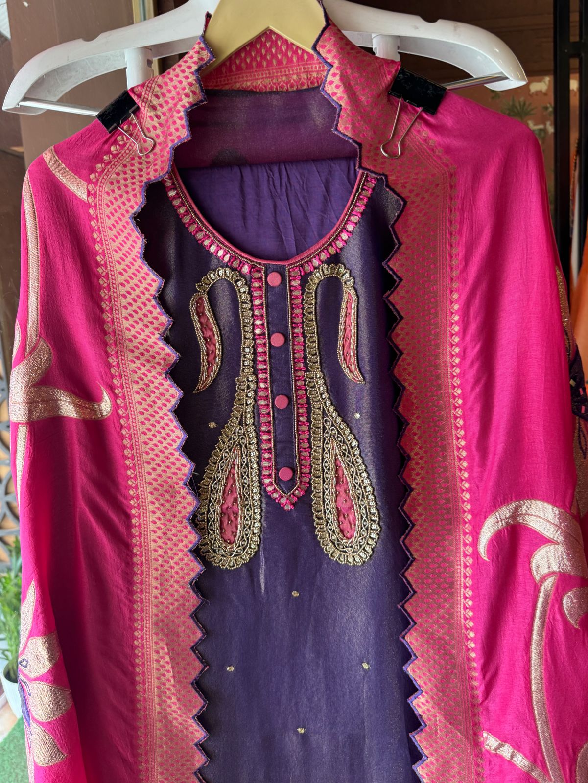 Pure Shimmer tissue Unstitched Shirt with Moti work on the neckline with thread and gotta patti detailings as well.