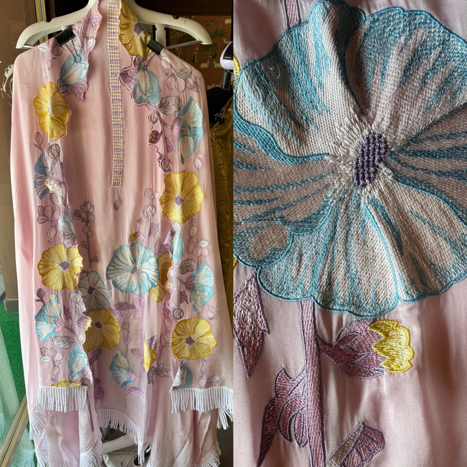 Soft organza silk Shirt (Unstitched) Shirt with thread embroidery done