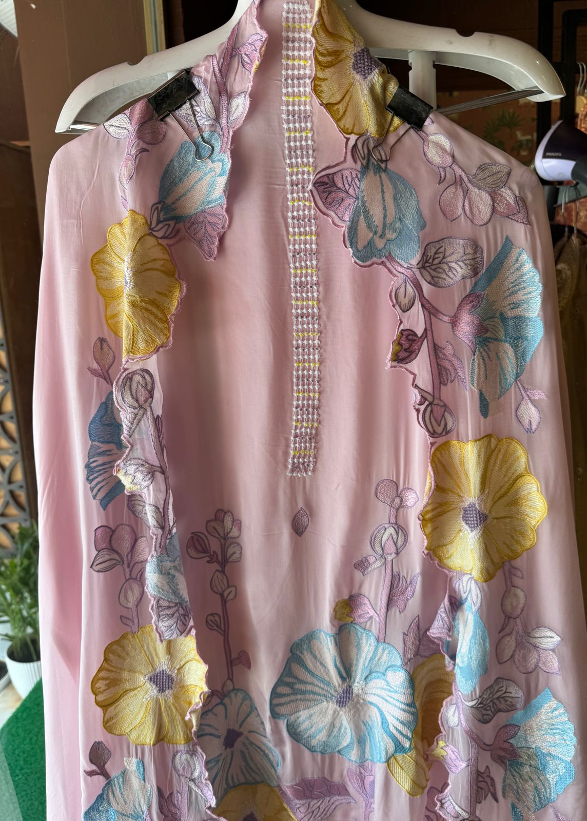 Soft organza silk Shirt (Unstitched) Shirt with thread embroidery done