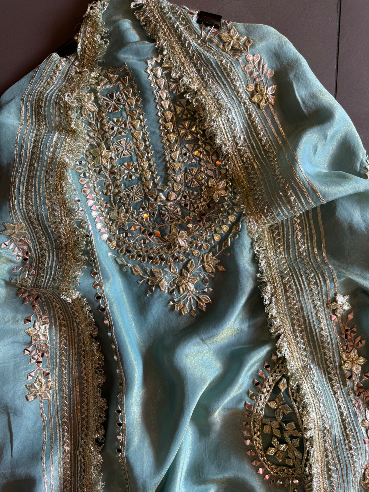 Soft shimmer tissue Unstitched Full Size shirt with heavily embroidered gotta work done (Mirror and Gotta work with Zari embroidery) , Gotta laces (Beautiful Work)