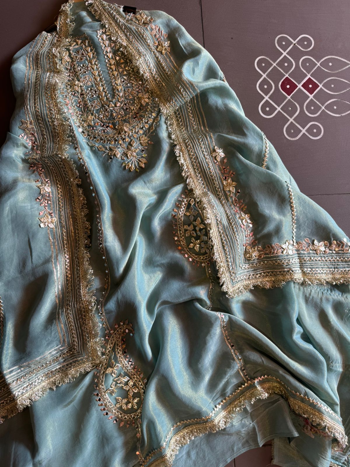 Soft shimmer tissue Unstitched Full Size shirt with heavily embroidered gotta work done (Mirror and Gotta work with Zari embroidery) , Gotta laces (Beautiful Work)