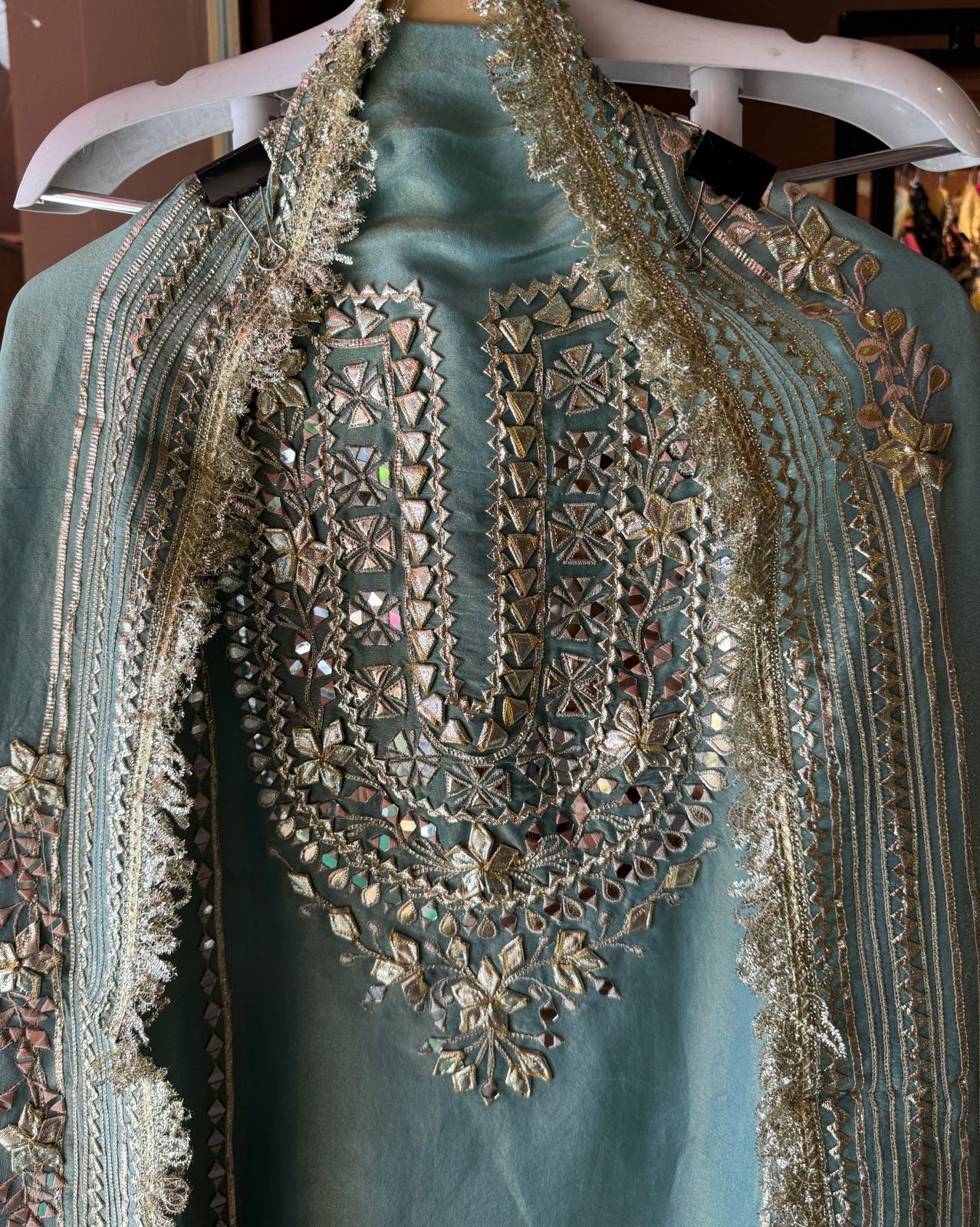 Soft shimmer tissue Unstitched Full Size shirt with heavily embroidered gotta work done (Mirror and Gotta work with Zari embroidery) , Gotta laces (Beautiful Work)
