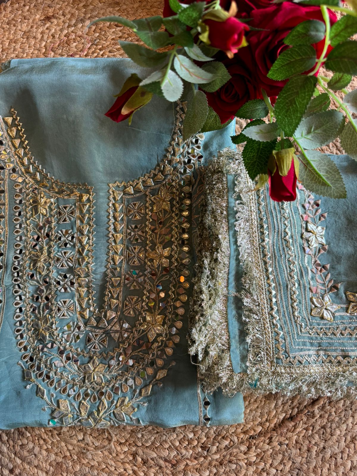 Soft shimmer tissue Unstitched Full Size shirt with heavily embroidered gotta work done (Mirror and Gotta work with Zari embroidery) , Gotta laces (Beautiful Work)