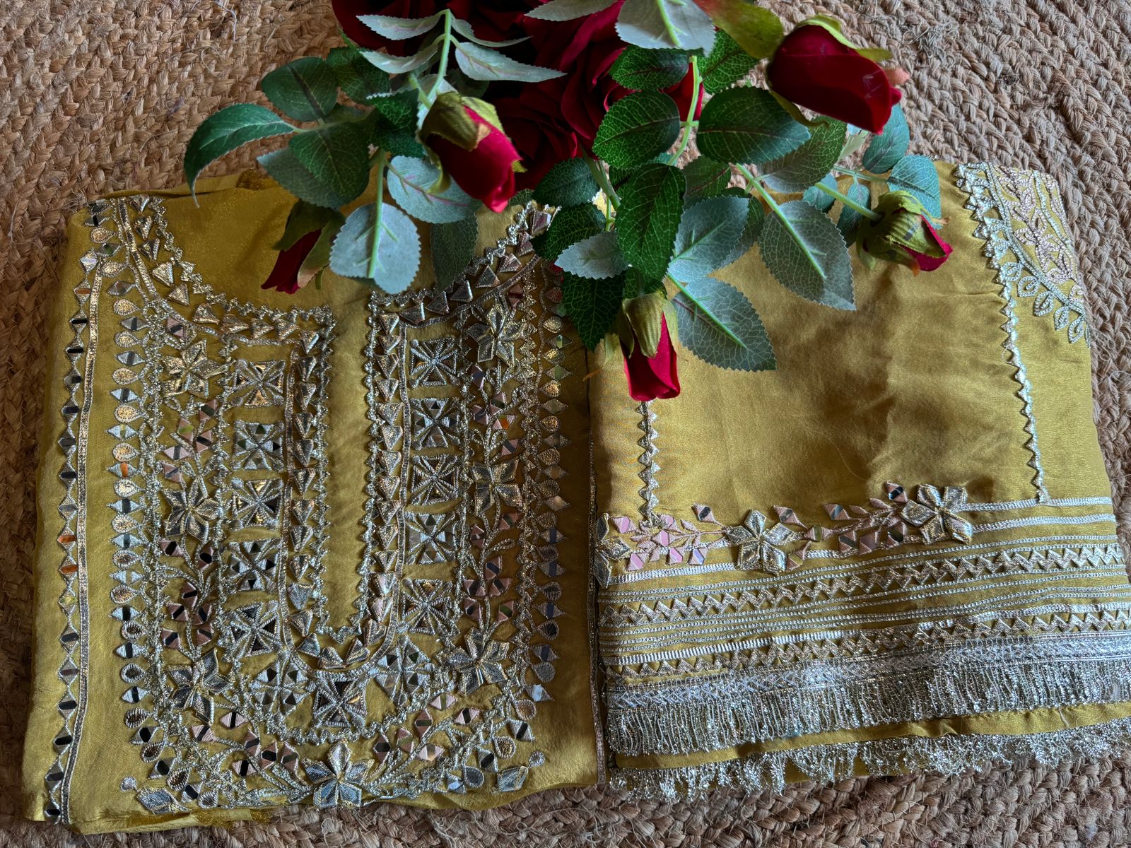 Soft shimmer tissue Unstitched Full Size shirt with heavily embroidered gotta work done (Mirror and Gotta work with Zari embroidery) , Gotta laces (Beautiful Work)