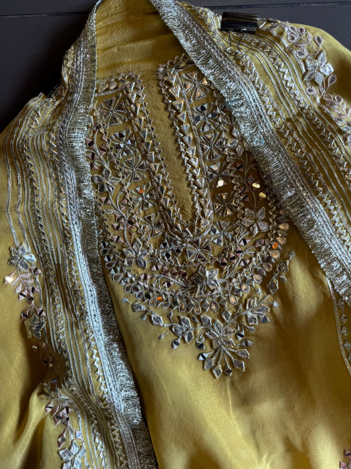 Soft shimmer tissue Unstitched Full Size shirt with heavily embroidered gotta work done (Mirror and Gotta work with Zari embroidery) , Gotta laces (Beautiful Work)