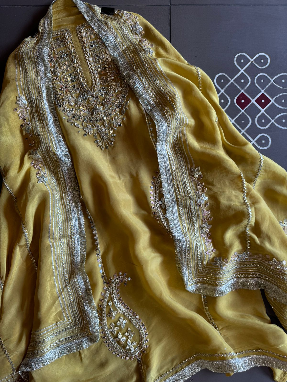 Soft shimmer tissue Unstitched Full Size shirt with heavily embroidered gotta work done (Mirror and Gotta work with Zari embroidery) , Gotta laces (Beautiful Work)