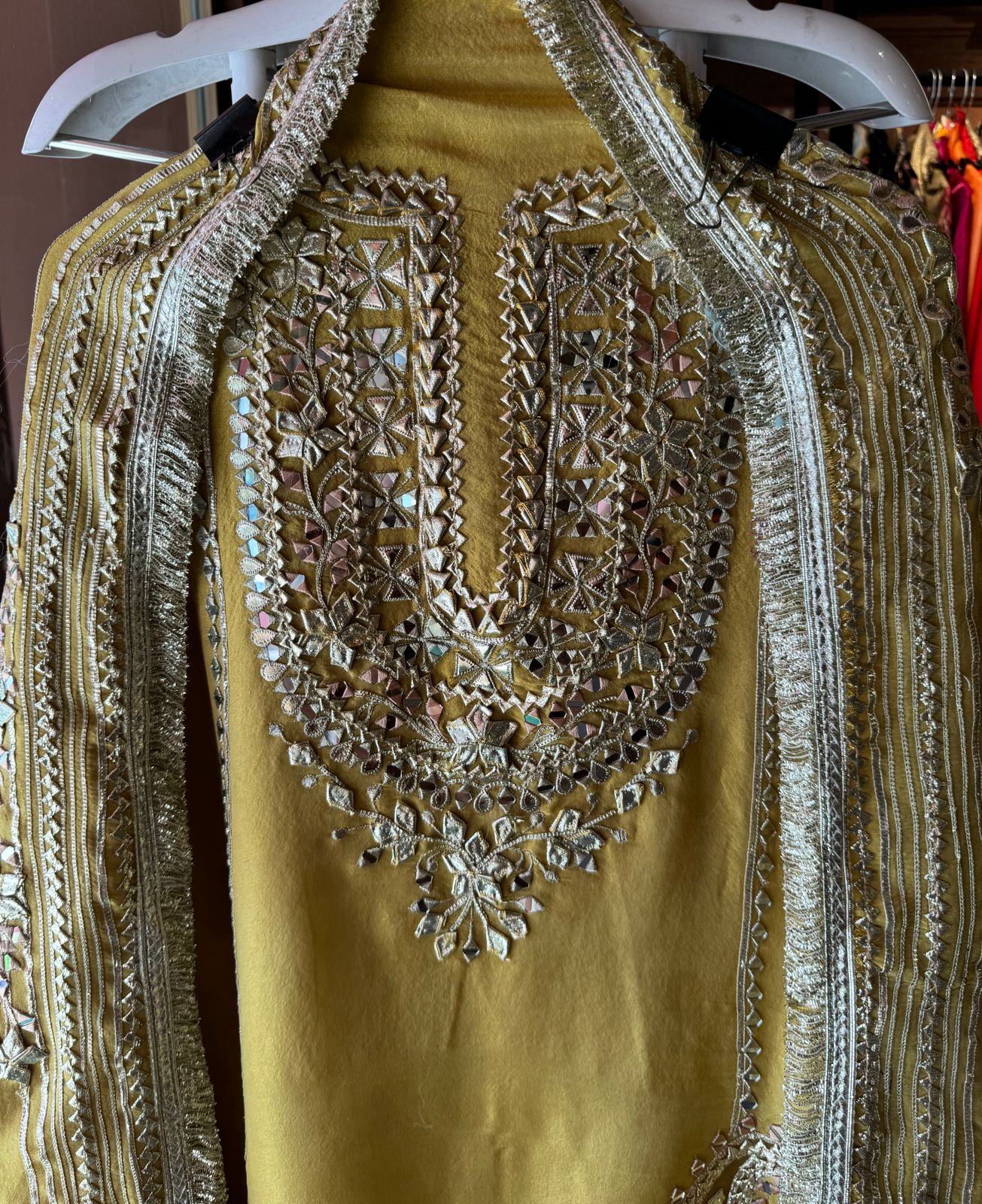 Soft shimmer tissue Unstitched Full Size shirt with heavily embroidered gotta work done (Mirror and Gotta work with Zari embroidery) , Gotta laces (Beautiful Work)