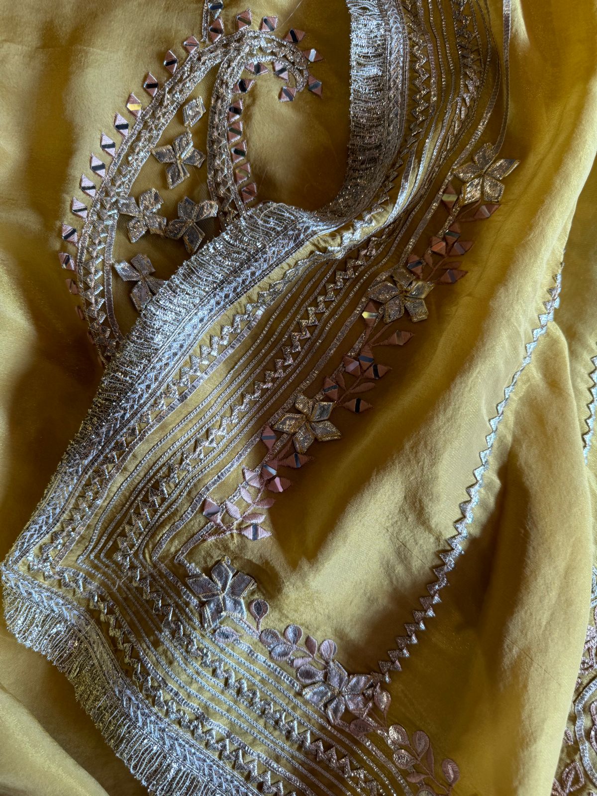 Soft shimmer tissue Unstitched Full Size shirt with heavily embroidered gotta work done (Mirror and Gotta work with Zari embroidery) , Gotta laces (Beautiful Work)