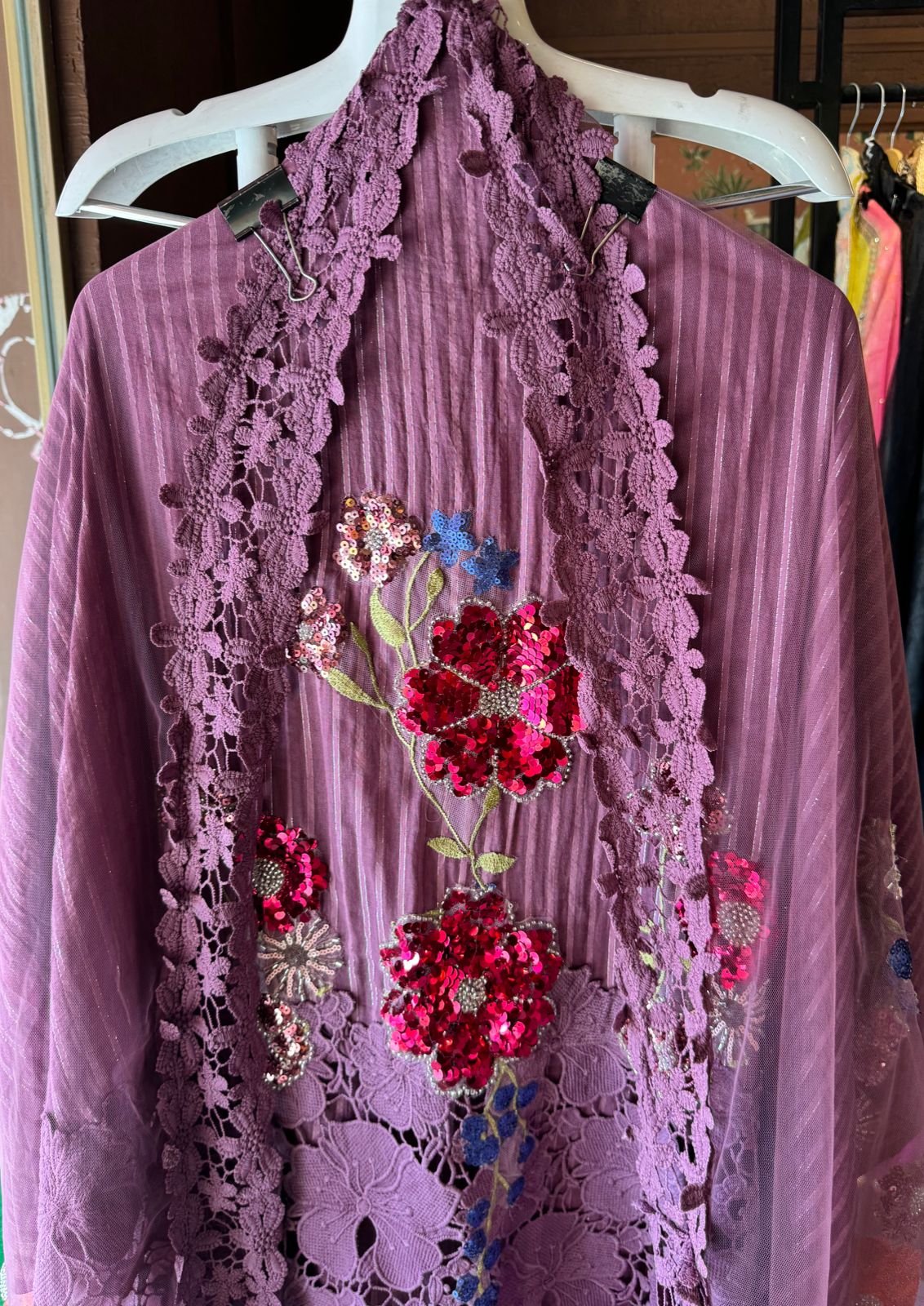 Organic cotton self base cotton shirt with rich crochet floral design ghera  Unstitched full size shirt