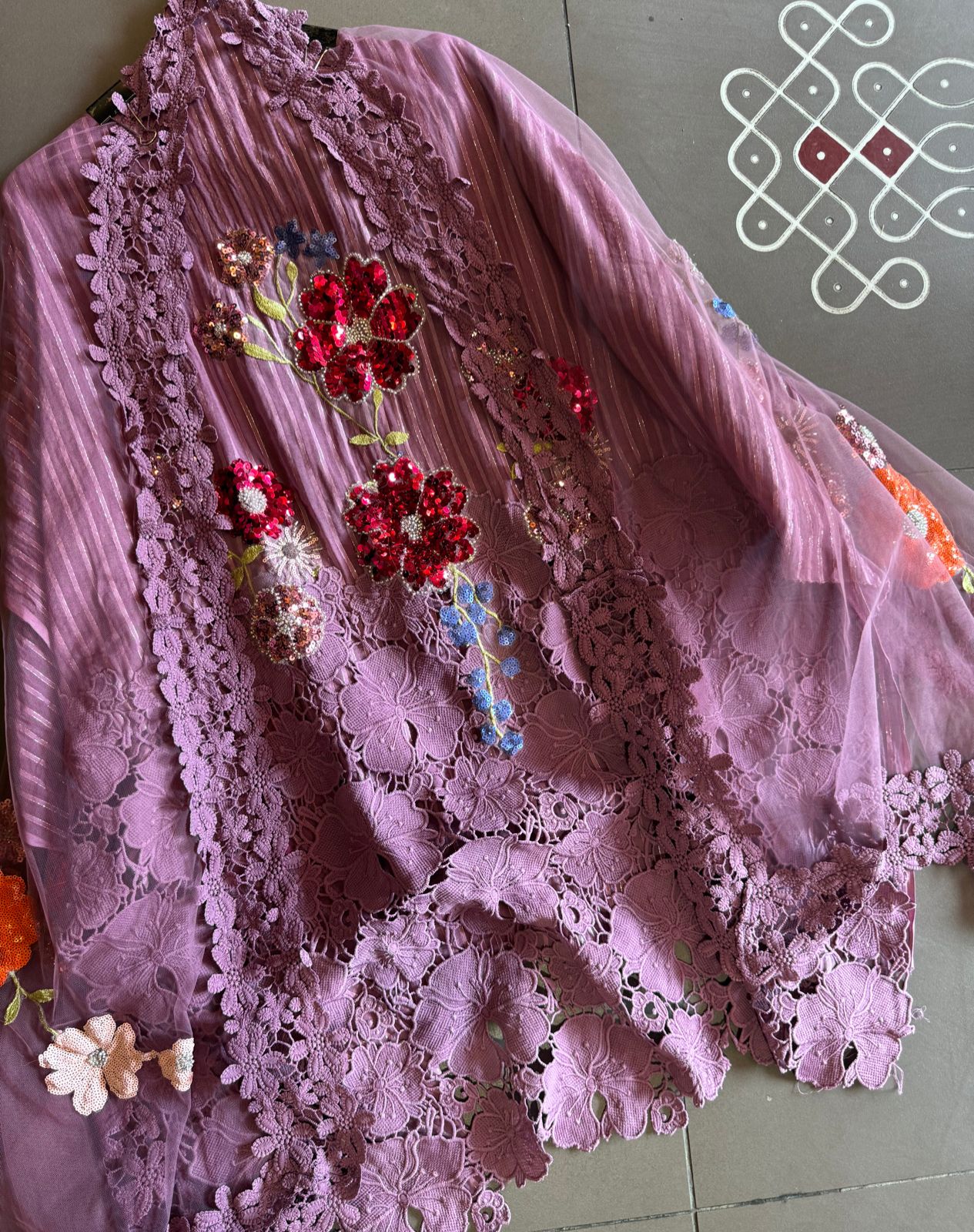 Organic cotton self base cotton shirt with rich crochet floral design ghera  Unstitched full size shirt