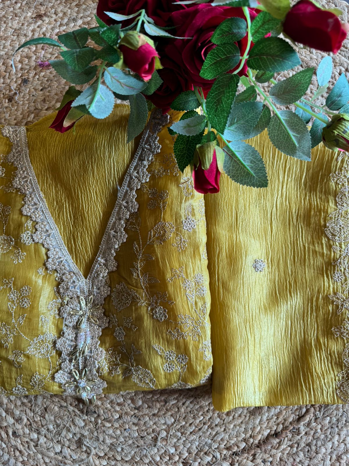 Crushed tissue Unstitched shirt Very smart concept with zari embroidered Jaal on the shirt front with designer neckline