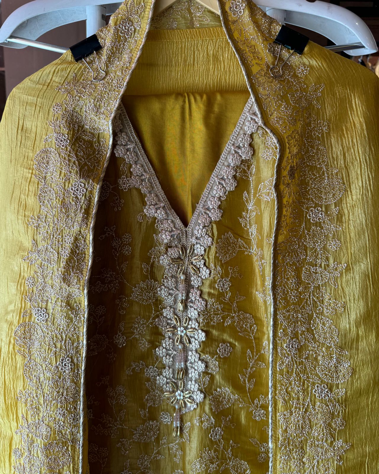 Crushed tissue Unstitched shirt Very smart concept with zari embroidered Jaal on the shirt front with designer neckline