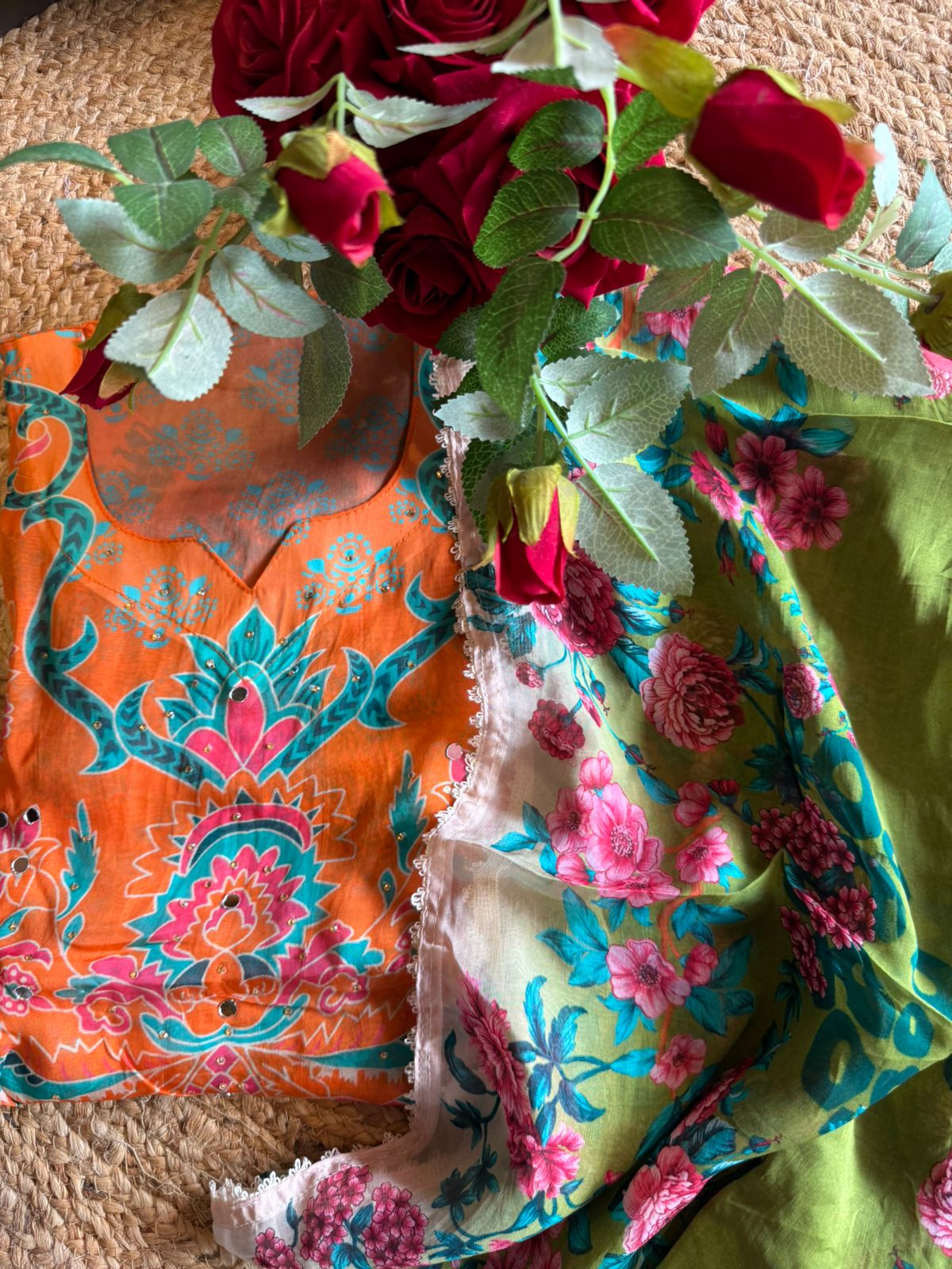 Shop our new Digital printed Pakistani suit semi stitched with mirror and Swarovski highlighting on the shirt front