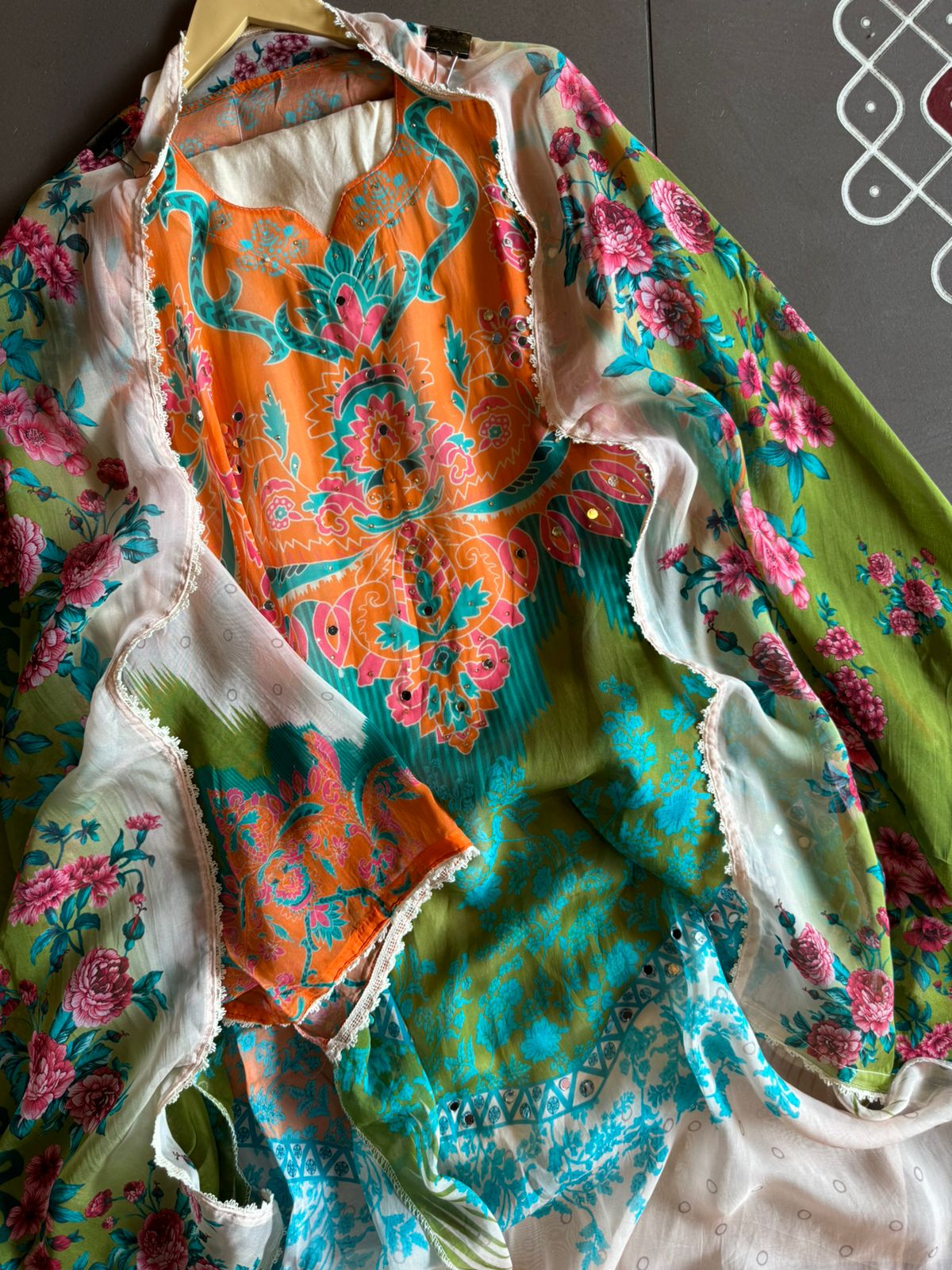 Shop our new Digital printed Pakistani suit semi stitched with mirror and Swarovski highlighting on the shirt front