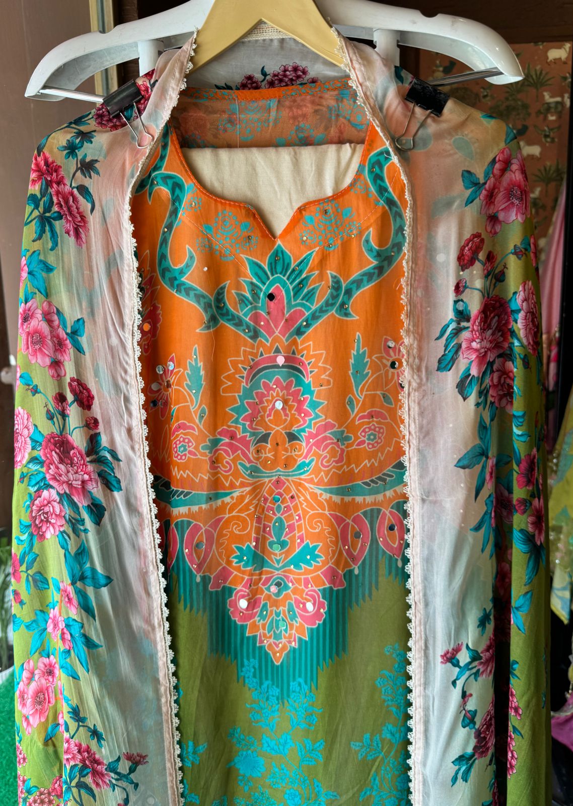 Shop our new Digital printed Pakistani suit semi stitched with mirror and Swarovski highlighting on the shirt front