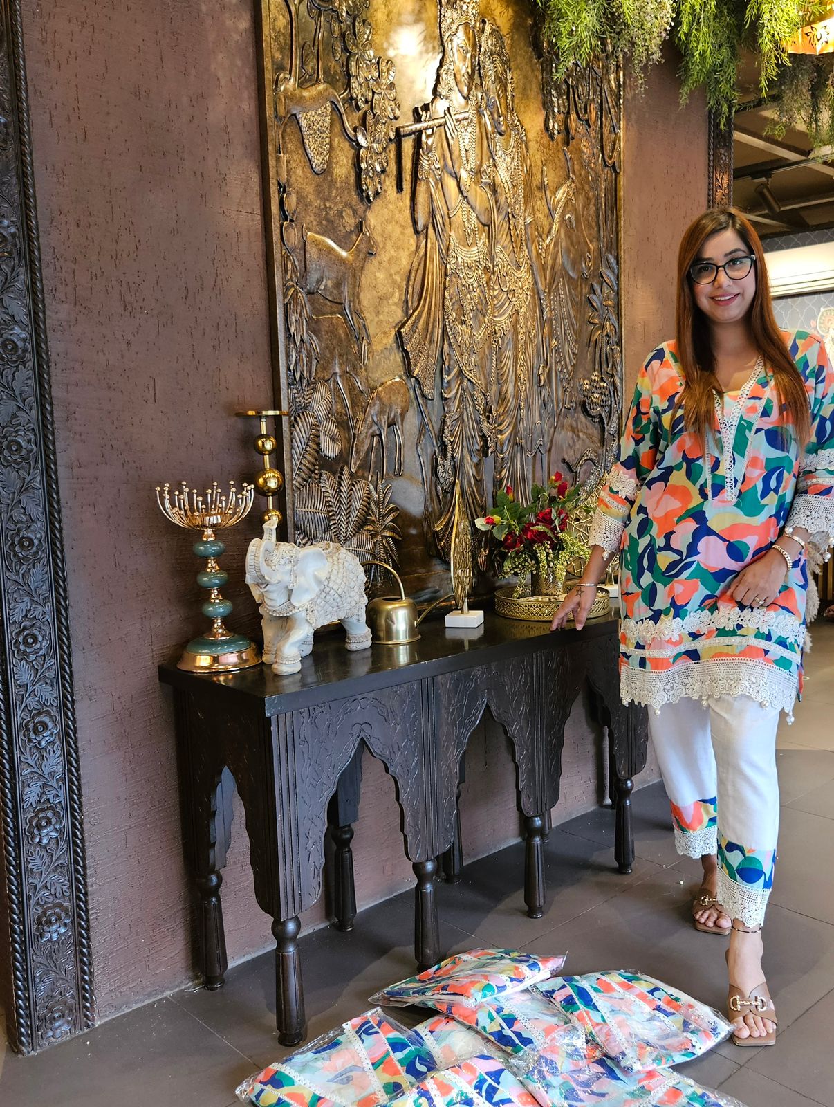 Multi coloured Satya Paul inspired print on Cotton fabric with crochia lace detailings concept with pearl latkans attached on the ghera and sleeves as well