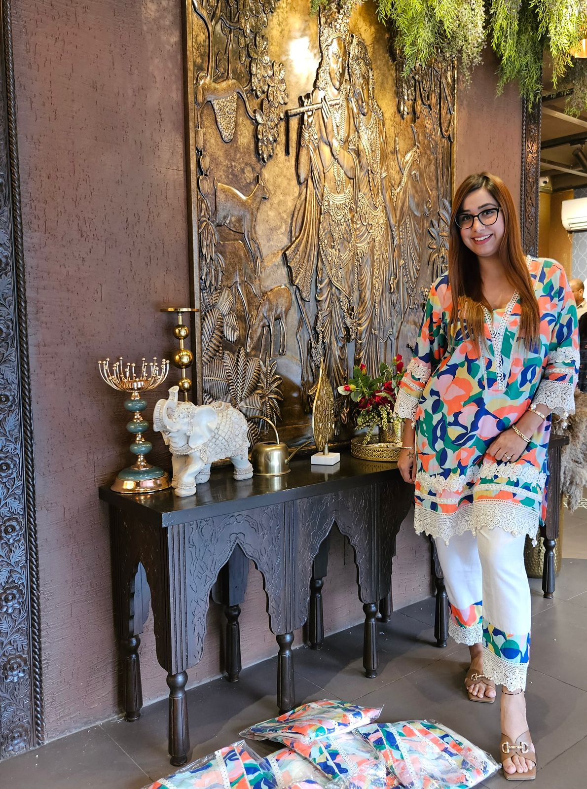 Multi coloured Satya Paul inspired print on Cotton fabric with crochia lace detailings concept with pearl latkans attached on the ghera and sleeves as well