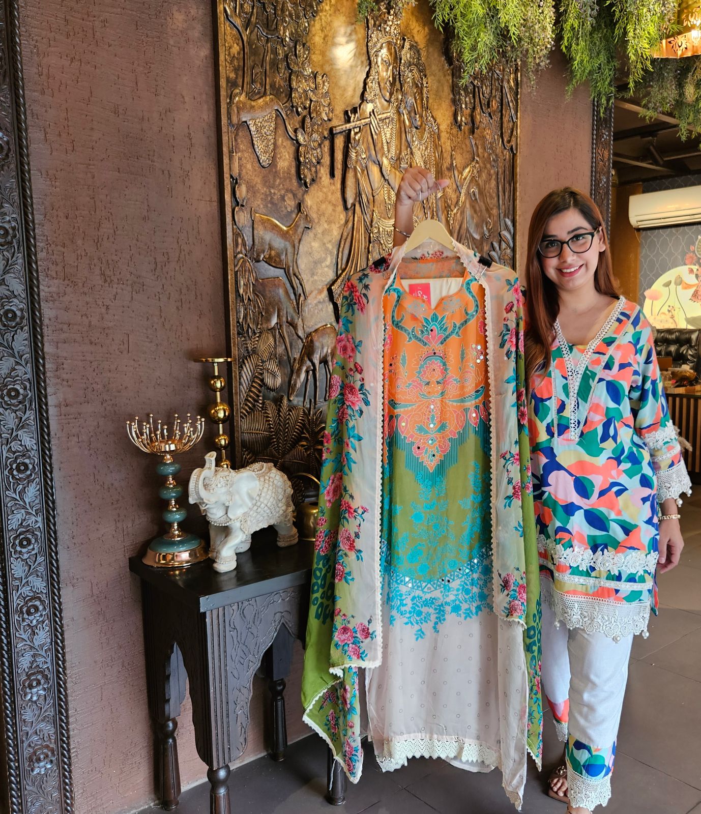 Multi coloured Satya Paul inspired print on Cotton fabric with crochia lace detailings concept with pearl latkans attached on the ghera and sleeves as well