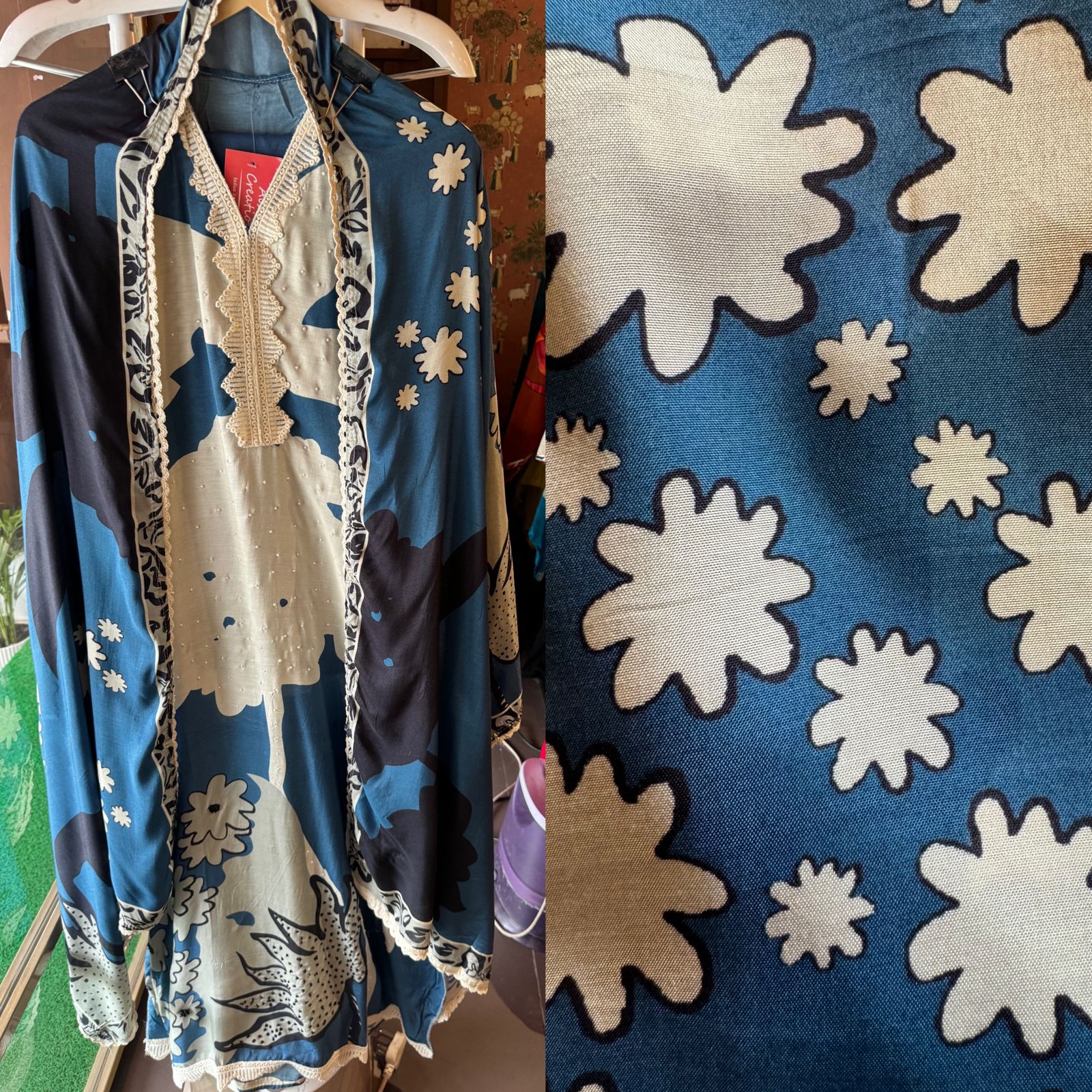 Soft muslin digital printed Semi stitched Suit with designer  Crochia lace on the neckline