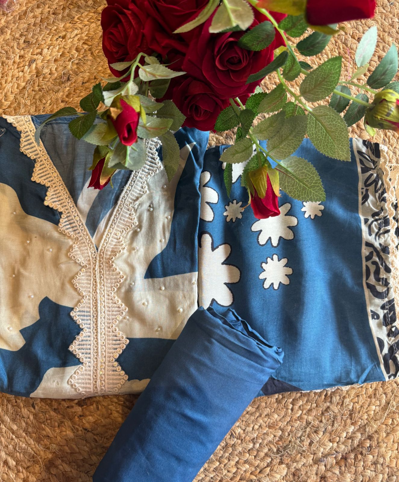 Soft muslin digital printed Semi stitched Suit with designer  Crochia lace on the neckline