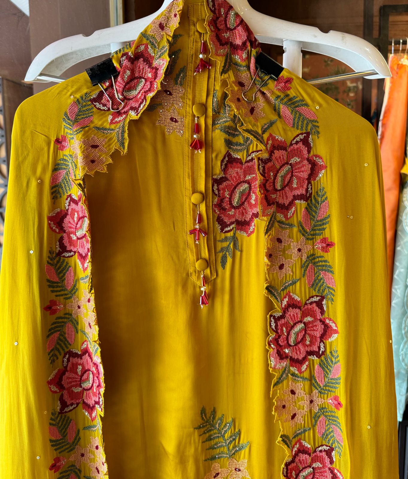 Soft Satin silk Unstitched shirt with very beautiful cross stitch embroidery on the shirt front (Floral thread work) with Cutwork border attached