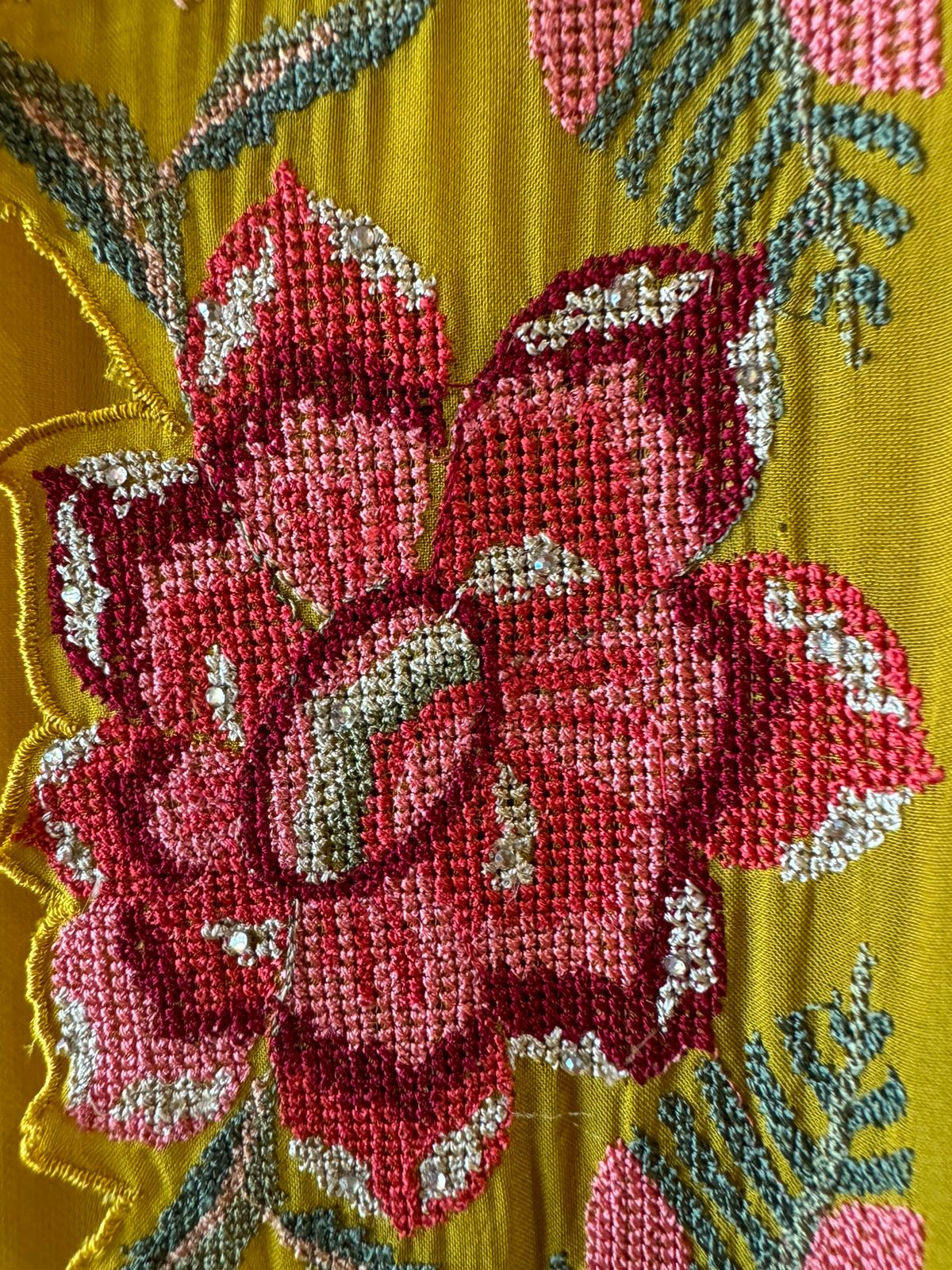 Soft Satin silk Unstitched shirt with very beautiful cross stitch embroidery on the shirt front (Floral thread work) with Cutwork border attached