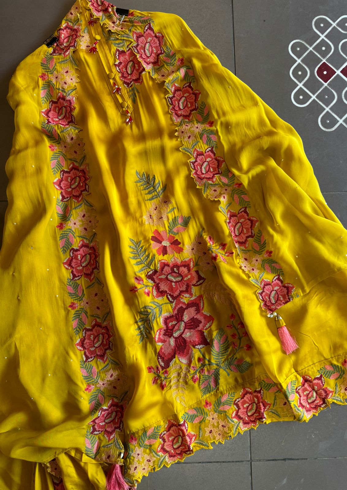 Soft Satin silk Unstitched shirt with very beautiful cross stitch embroidery on the shirt front (Floral thread work) with Cutwork border attached