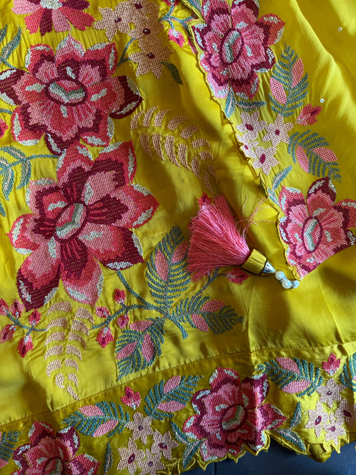 Soft Satin silk Unstitched shirt with very beautiful cross stitch embroidery on the shirt front (Floral thread work) with Cutwork border attached