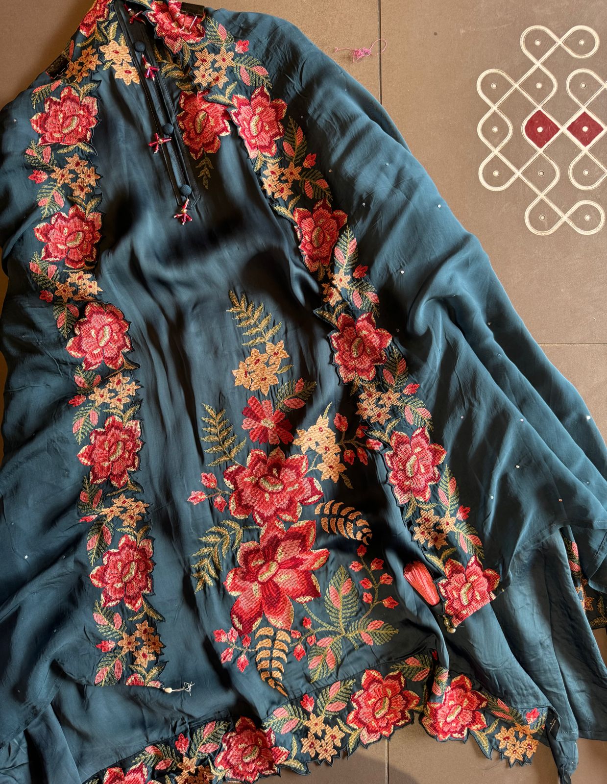 Soft Satin silk Unstitched shirt with very beautiful cross stitch embroidery on the shirt front (Floral thread work) with Cutwork border attached