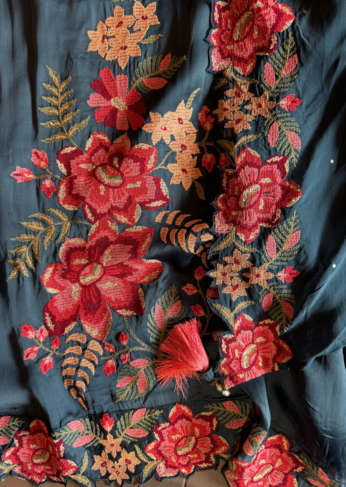 Soft Satin silk Unstitched shirt with very beautiful cross stitch embroidery on the shirt front (Floral thread work) with Cutwork border attached