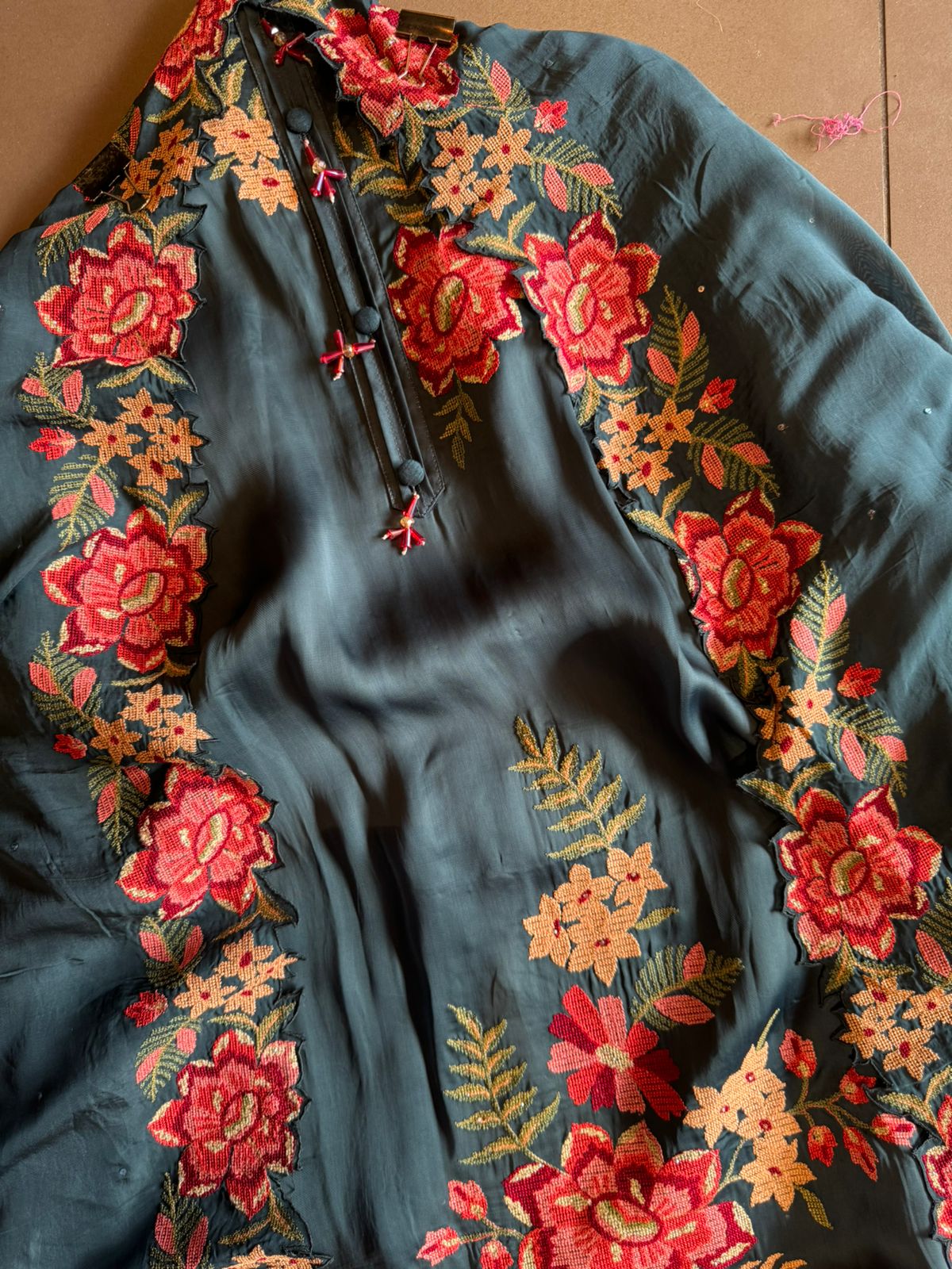 Soft Satin silk Unstitched shirt with very beautiful cross stitch embroidery on the shirt front (Floral thread work) with Cutwork border attached