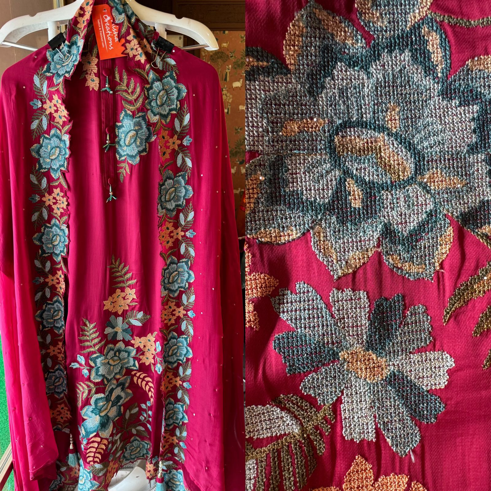 Soft Satin silk Unstitched shirt with very beautiful cross stitch embroidery on the shirt front (Floral thread work) with Cutwork border attached