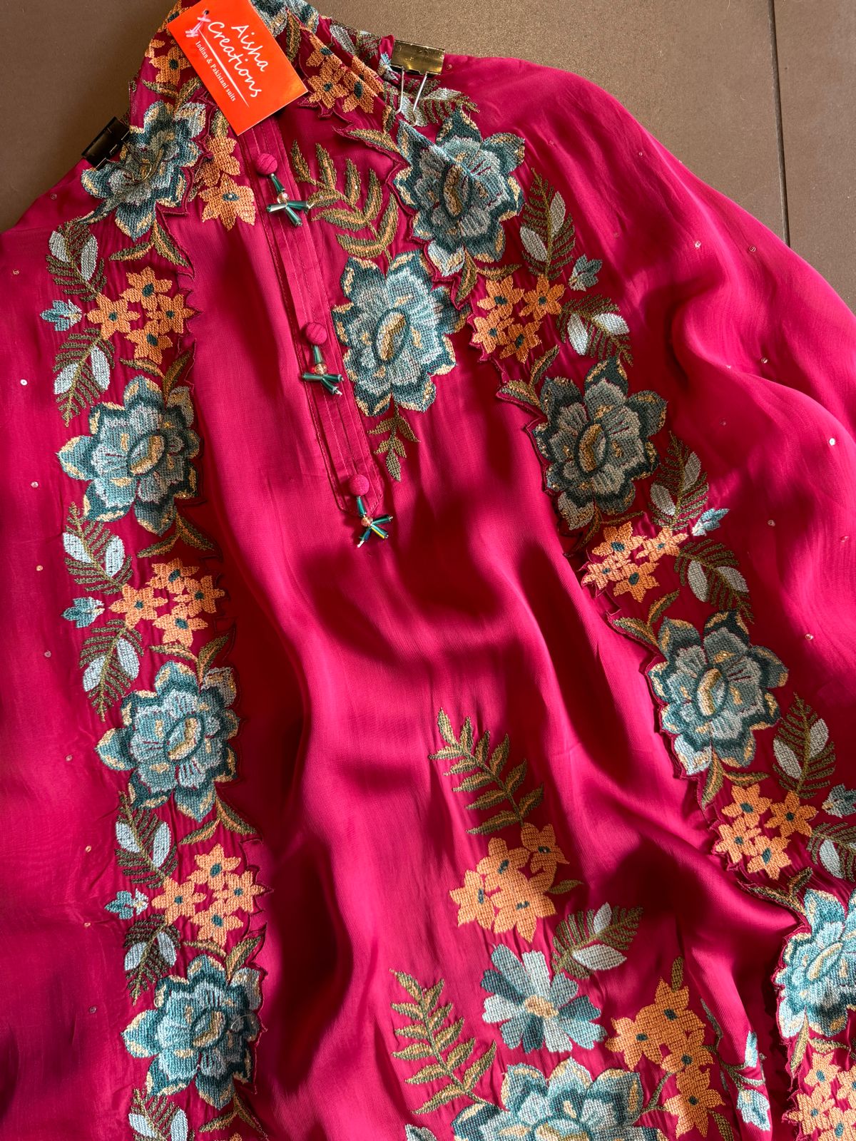 Soft Satin silk Unstitched shirt with very beautiful cross stitch embroidery on the shirt front (Floral thread work) with Cutwork border attached