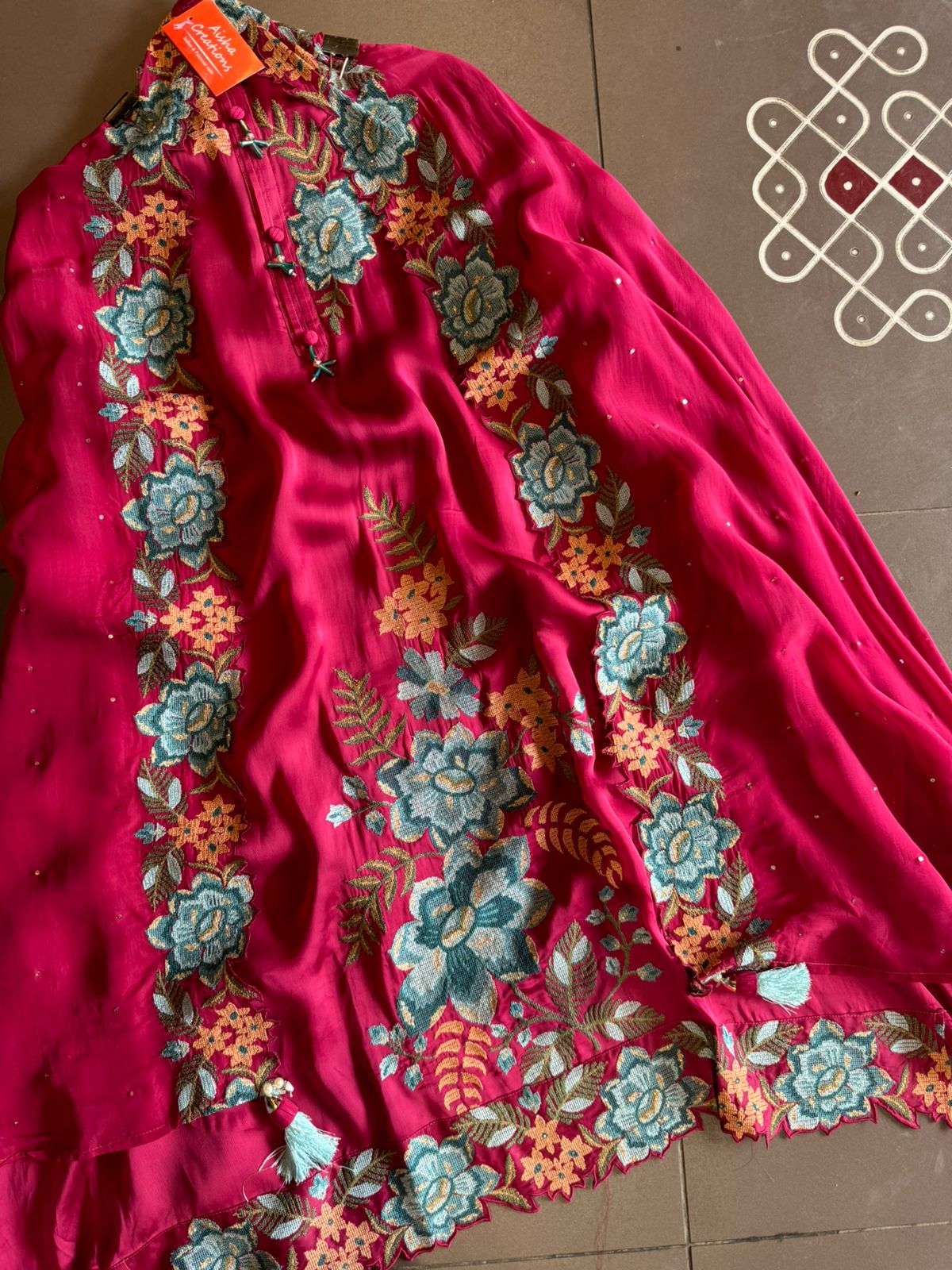 Soft Satin silk Unstitched shirt with very beautiful cross stitch embroidery on the shirt front (Floral thread work) with Cutwork border attached