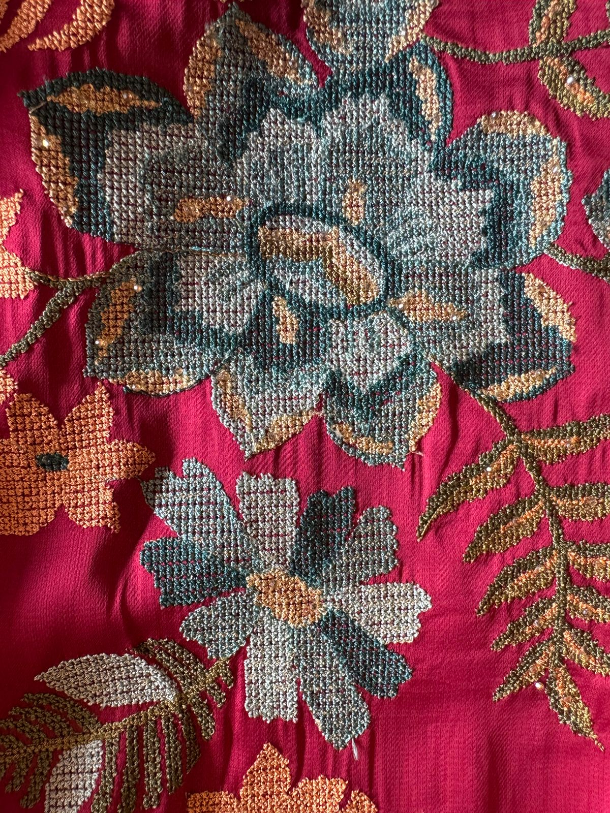 Soft Satin silk Unstitched shirt with very beautiful cross stitch embroidery on the shirt front (Floral thread work) with Cutwork border attached