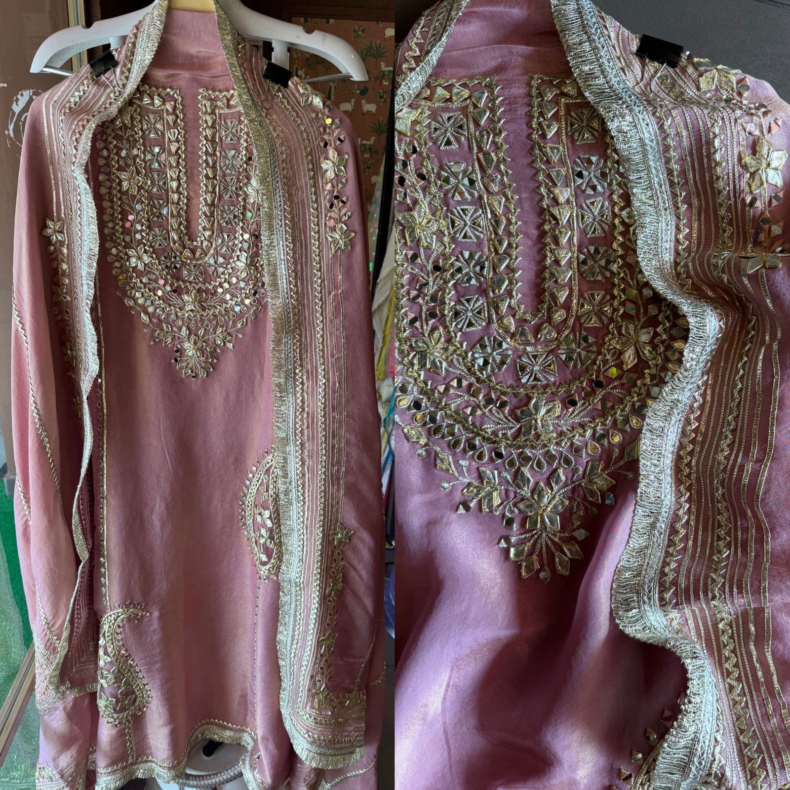 Soft shimmer tissue Unstitched Full Size shirt with heavily embroidered gotta work done (Mirror and Gotta work with Zari embroidery) , Gotta laces (Beautiful Work)