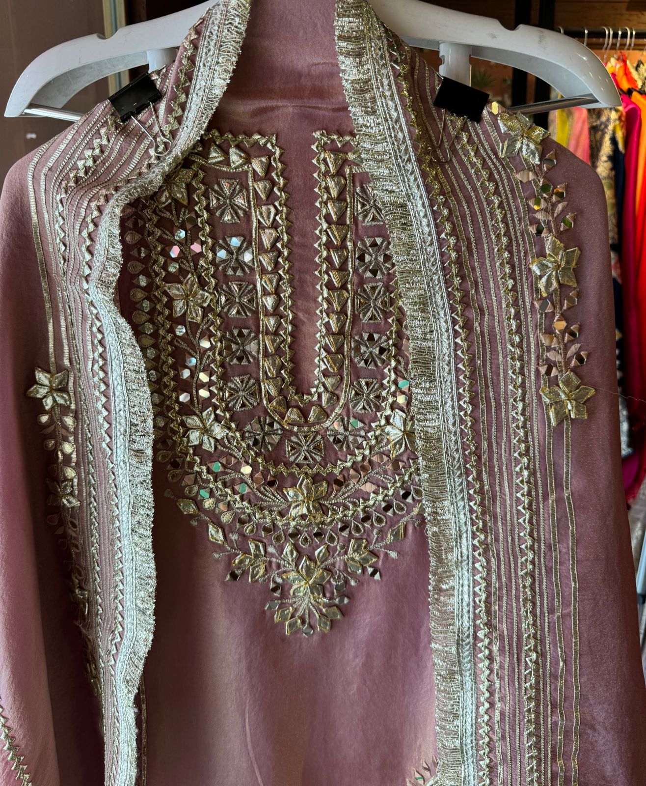 Soft shimmer tissue Unstitched Full Size shirt with heavily embroidered gotta work done (Mirror and Gotta work with Zari embroidery) , Gotta laces (Beautiful Work)