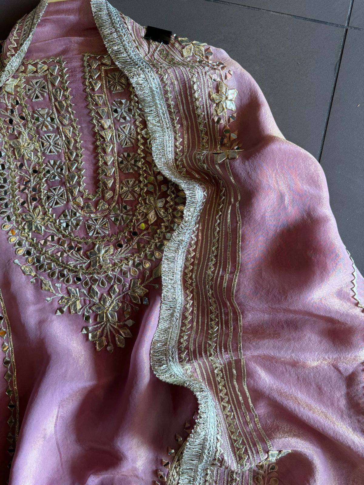 Soft shimmer tissue Unstitched Full Size shirt with heavily embroidered gotta work done (Mirror and Gotta work with Zari embroidery) , Gotta laces (Beautiful Work)