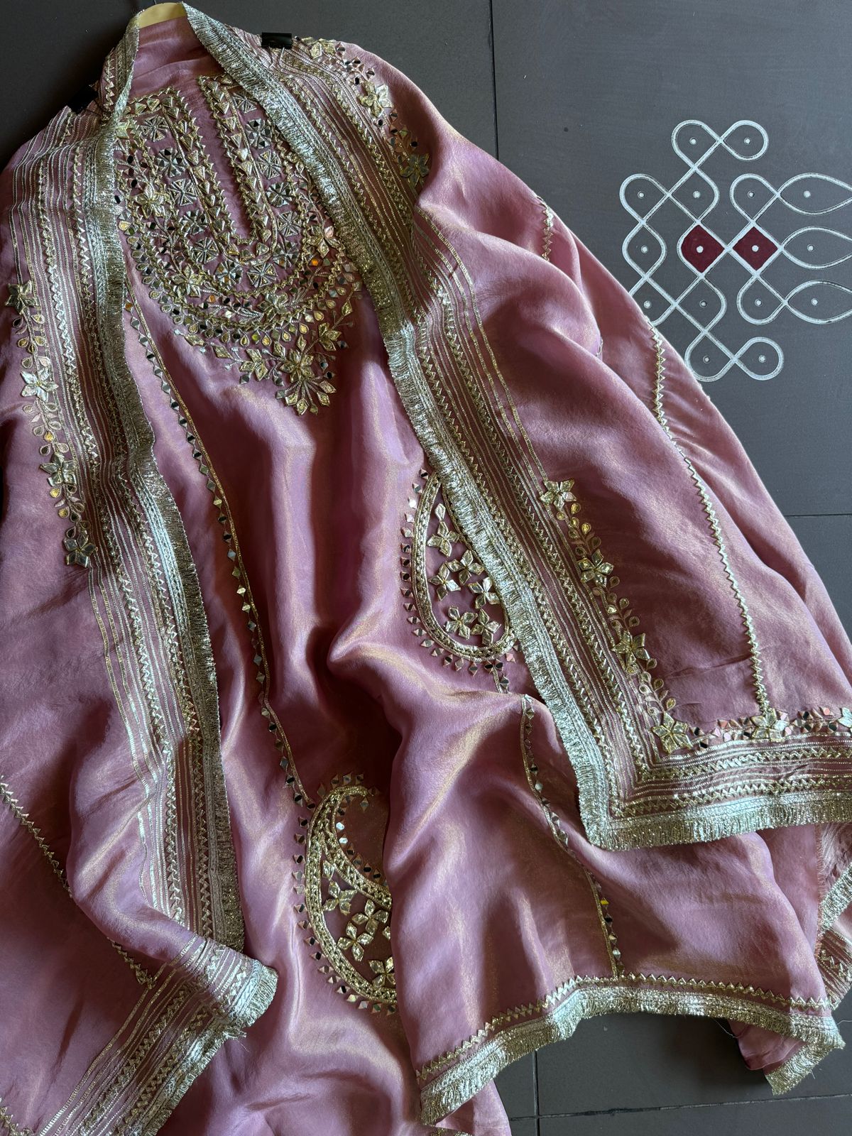 Soft shimmer tissue Unstitched Full Size shirt with heavily embroidered gotta work done (Mirror and Gotta work with Zari embroidery) , Gotta laces (Beautiful Work)