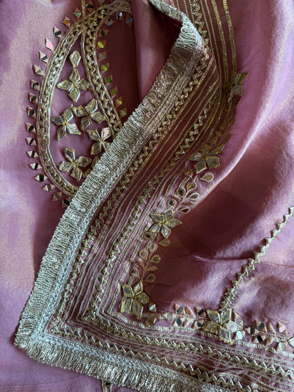 Soft shimmer tissue Unstitched Full Size shirt with heavily embroidered gotta work done (Mirror and Gotta work with Zari embroidery) , Gotta laces (Beautiful Work)