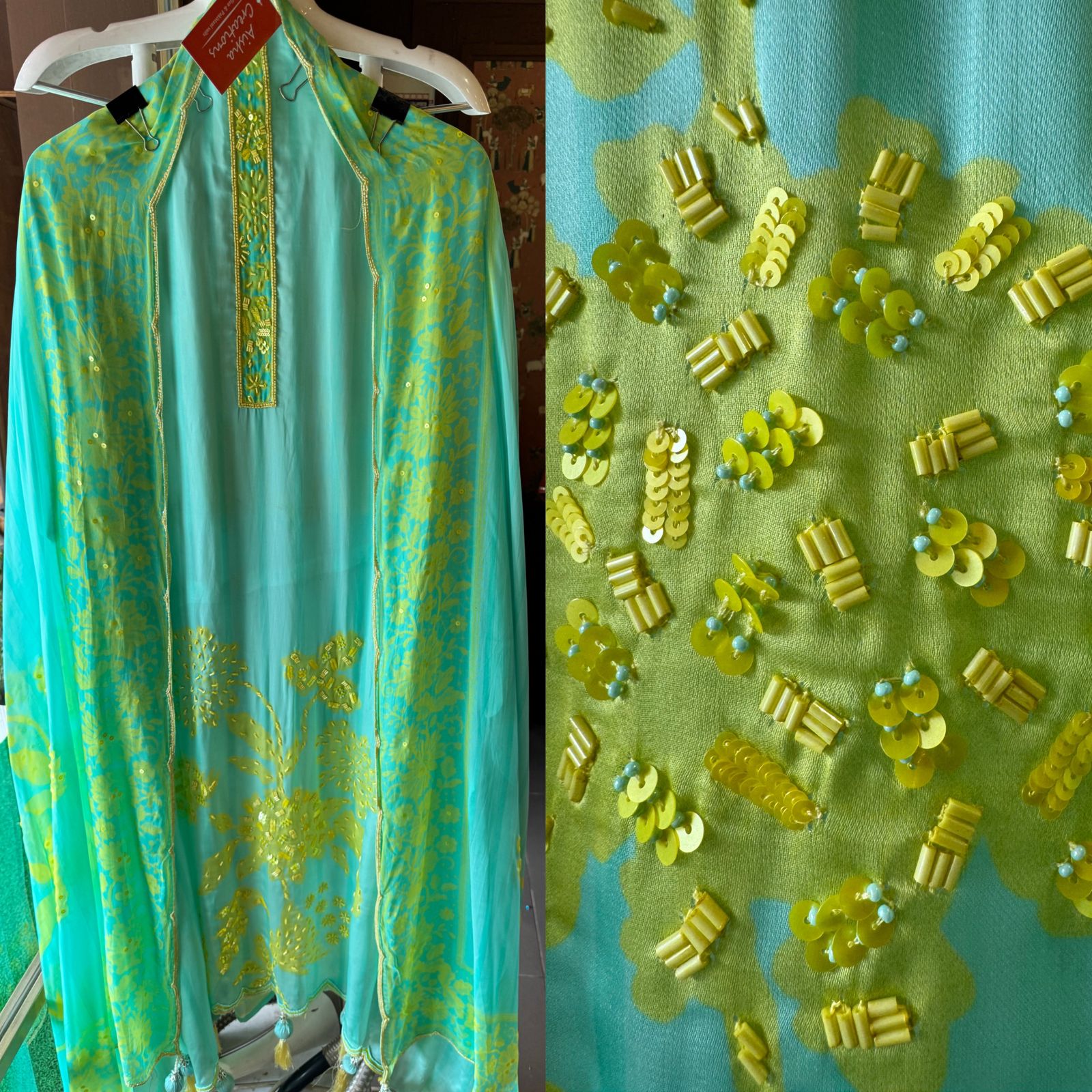 Premium Quality soft organza digital printed suits with handwork detailings on the shirt from and even on the neck Patti.