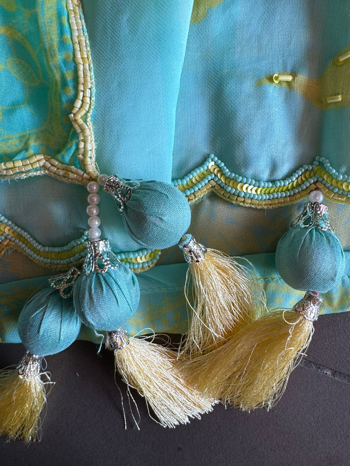 Premium Quality soft organza digital printed suits with handwork detailings on the shirt from and even on the neck Patti.